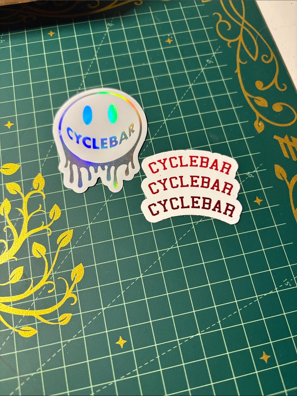 Cyclebar Holographic Smiley + Repeating Logo Stickers